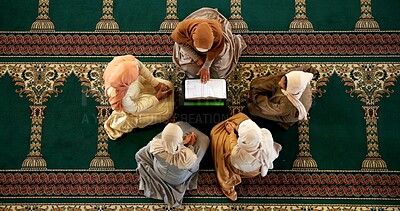 Buy stock photo Muslim, people or above of Quran to worship for support, teaching or learning gratitude to Allah. Palestine, prayer book and women kneeling for God on Ramadan for studying Islamic religion together