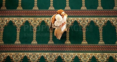 Buy stock photo Support, hug or Muslim women in mosque to worship for Palestine, community or gratitude to Allah. Above, Islamic faith and spiritual people in conversation for God on Ramadan for learning together