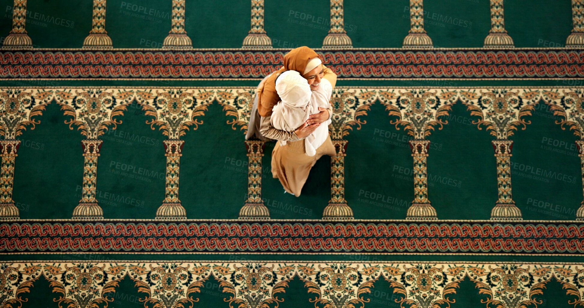 Buy stock photo Support, hug or Muslim women in mosque to worship for Palestine, community or gratitude to Allah. Above, Islamic faith and spiritual people in conversation for God on Ramadan for learning together