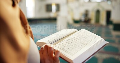 Buy stock photo Muslim woman, hands and arabic with quran or book of allah at mosque for recitation, praying or dua in temple. Female person, closeup or arab with islamic testament, holy scripture or faith for god
