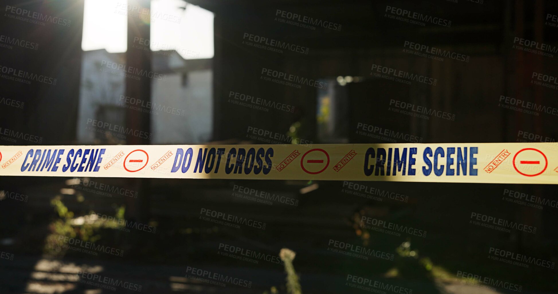 Buy stock photo Crime scene, police tape and caution in building for investigation with safety warning, danger or evidence. Forensic inspection, barrier sign and no entry in abandoned garage for emergency and search