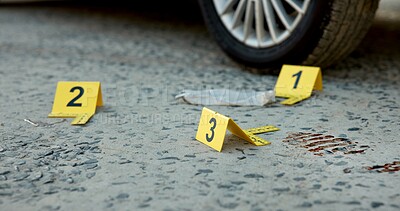 Buy stock photo Crime scene, evidence and investigation with number label for forensic science on street. Police case, blood and footprint clues for DNA, detective and discovery for arrest of criminal outdoor