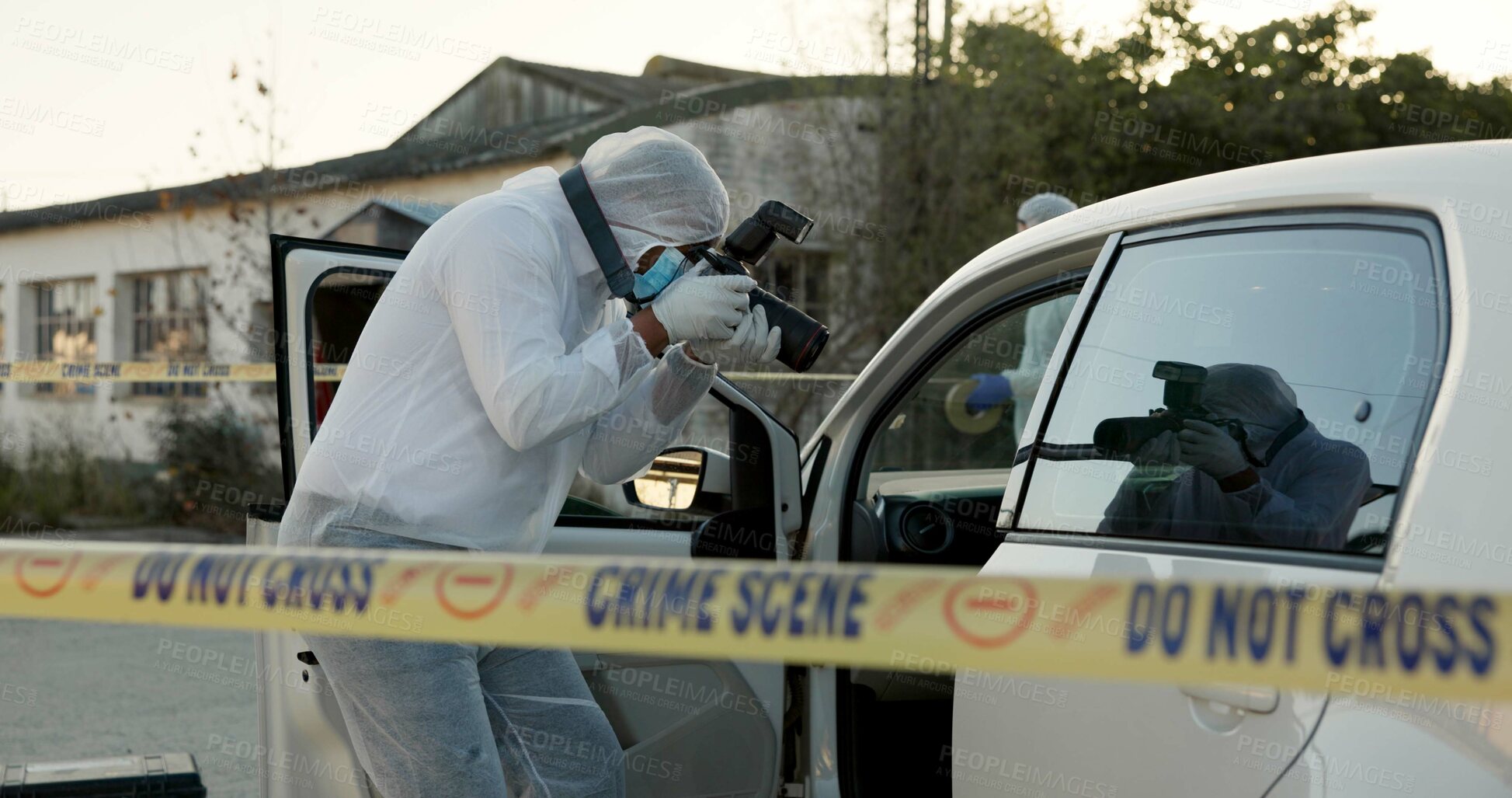 Buy stock photo Detective, tape and crime scene of car evidence with photography, murder investigation and dna inspection. Forensic, hazmat and digital for blood proof, observation and documentation of accident case