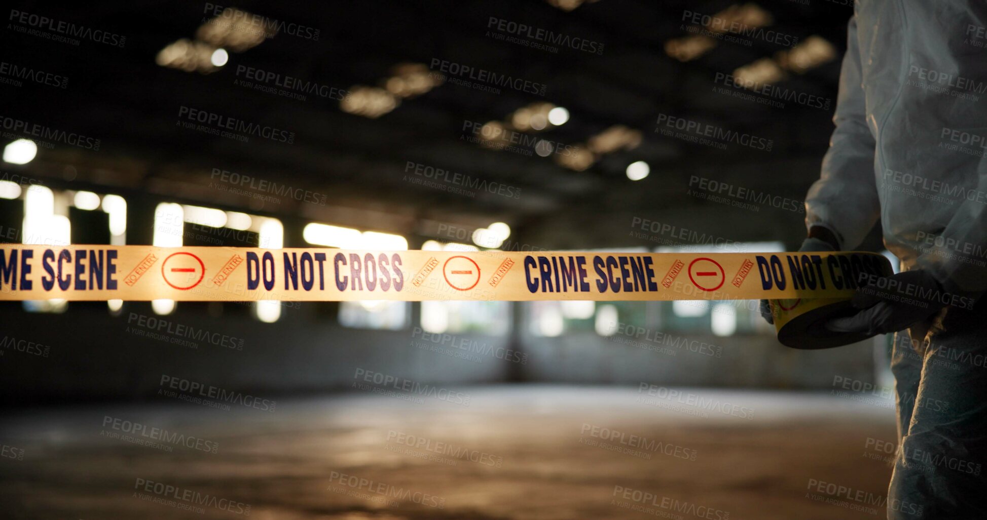 Buy stock photo Person, detective and police tape of crime scene with caution for investigation, evidence and safety warning. Forensic, inspection and barrier sign with murder collection, homicide case and no entry