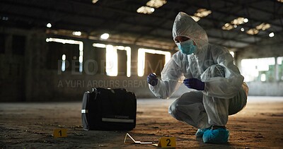 Buy stock photo Person, swab and investigation at crime scene, blood sample and discovery of dna marker. Professional, homicide evidence and hazmat suit for safety, forensics expert and search for clues in case