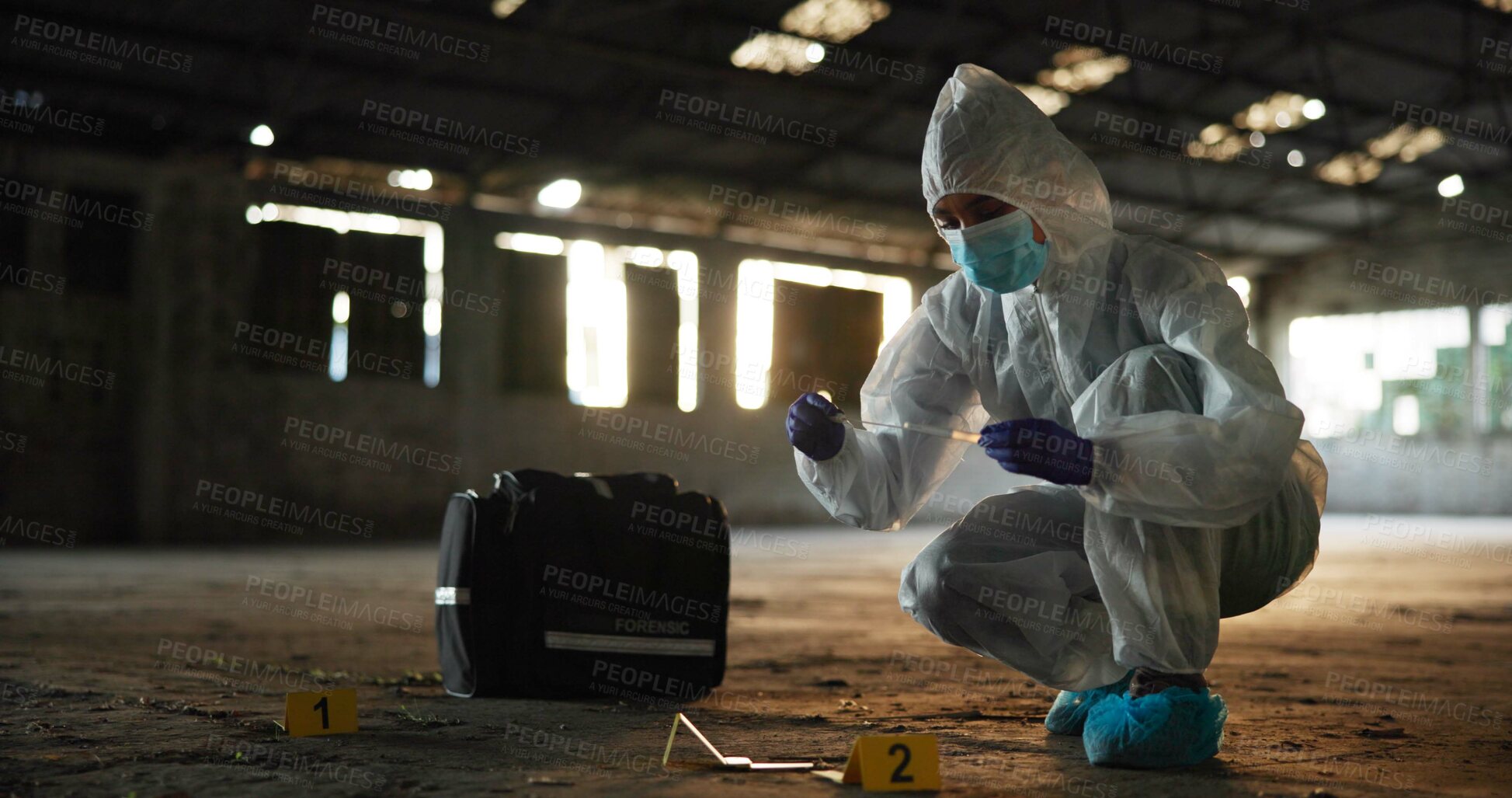 Buy stock photo Person, swab and investigation at crime scene, blood sample and discovery of dna marker. Professional, homicide evidence and hazmat suit for safety, forensics expert and search for clues in case