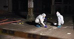 Crime scene, people and forensics at night with swab, evidence or DNA sample clue in abandoned warehouse. CSI team, hazmat suit or investigation in building for legal service, inspection or pathology