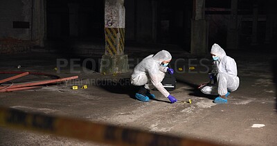 Buy stock photo Crime scene, people and forensics at night with swab, evidence or DNA sample clue in abandoned warehouse. CSI team, hazmat suit or investigation in building for legal service, inspection or pathology