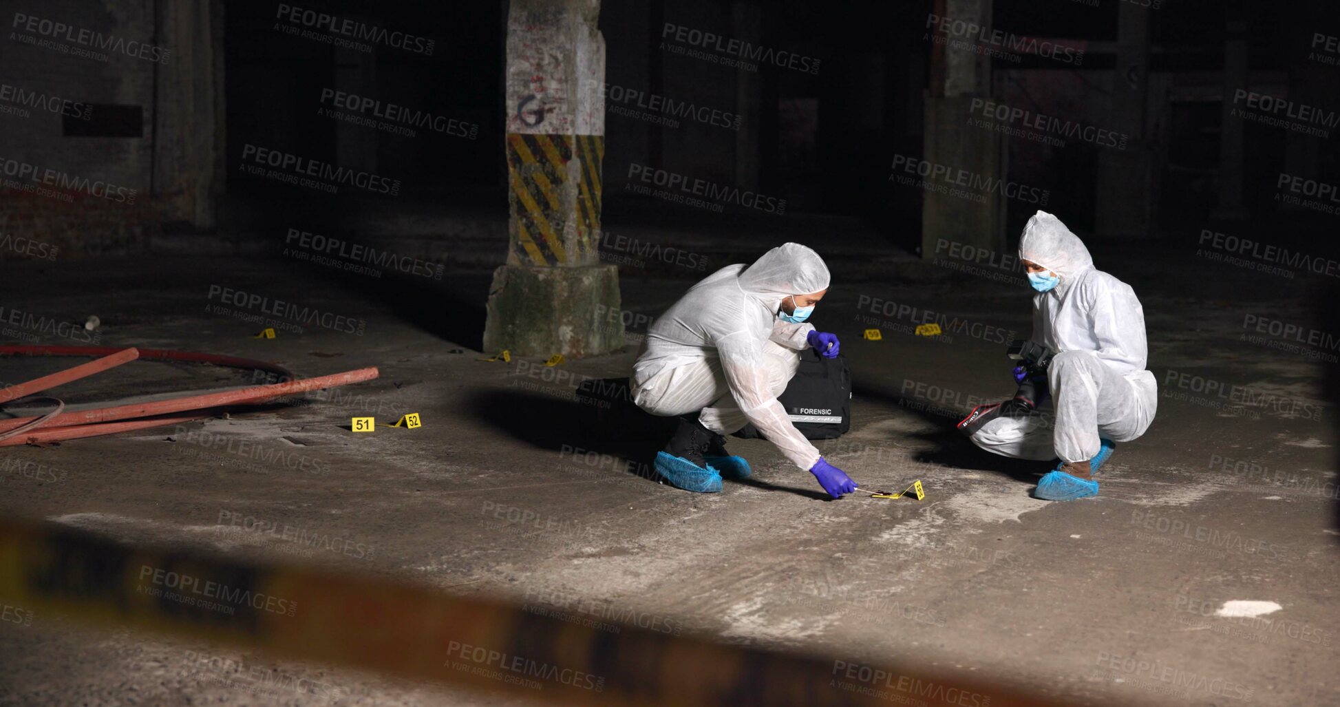 Buy stock photo Crime scene, people and forensics at night with swab, evidence or DNA sample clue in abandoned warehouse. CSI team, hazmat suit or investigation in building for legal service, inspection or pathology