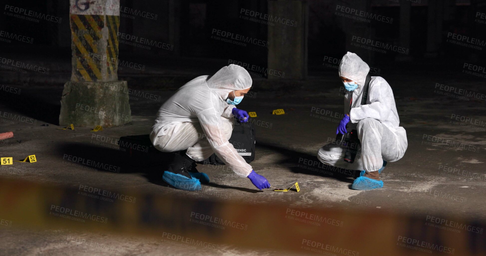 Buy stock photo Crime scene, team or forensics at night with swab, evidence or DNA sample clue in abandoned warehouse. CSI people, hazmat suit or investigation in spotlight for legal service, inspection or pathology