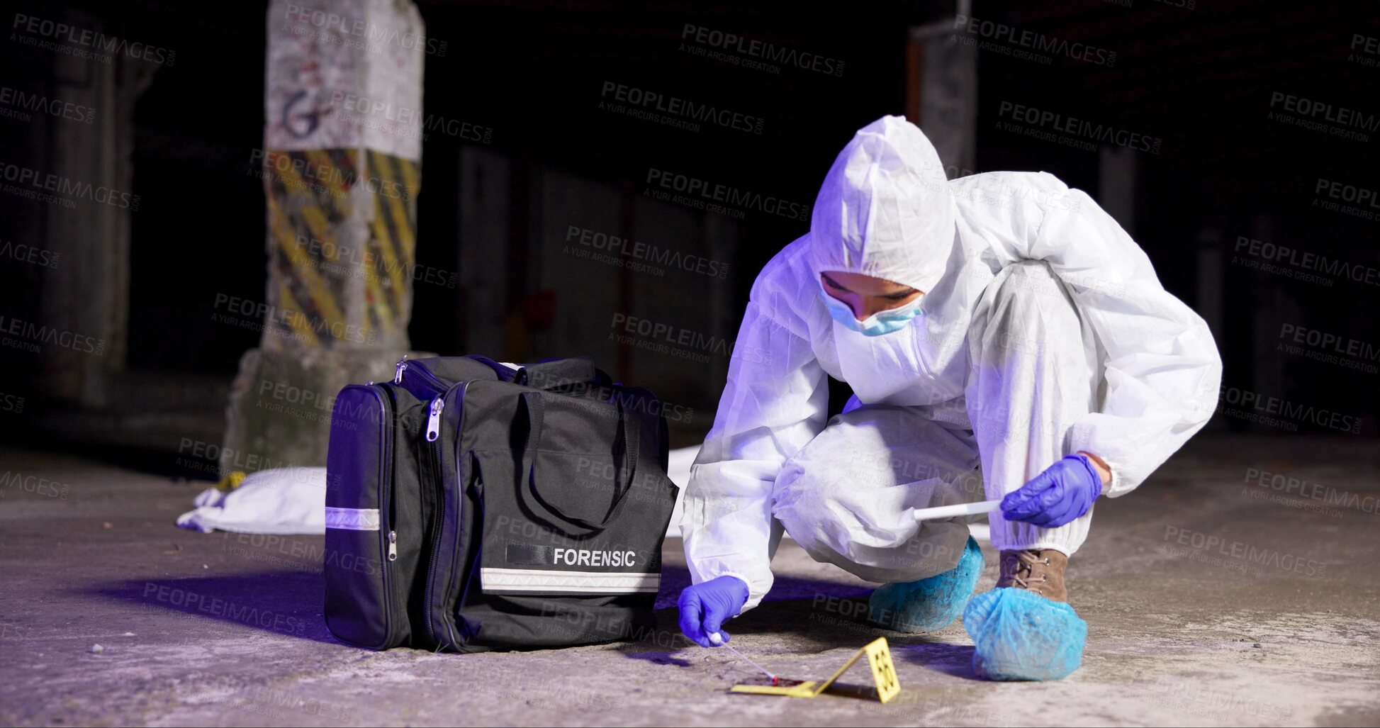 Buy stock photo Person, swab and test at crime scene, blood sample and discovery of dna marker. Professional, homicide evidence and hazmat suit for safety, forensics expert and search for clues in investigation