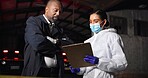 People, detective and clipboard at crime scene for forensic assessment, lead or info in city. Mature man, woman and police officer in ppe for inspection, notes or investigation for evidence at night