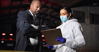 Buy stock photo People, detective and clipboard at crime scene for forensic assessment, lead or info in city. Mature man, woman and police officer in ppe for inspection, notes or investigation for evidence at night