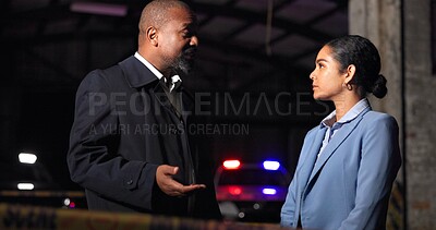 Buy stock photo Teamwork, detective and police in discussion at crime scene for criminal investigation, information and feedback. CSI collaboration, people and legal justice in building at night with conversation