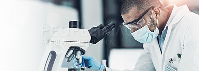 Buy stock photo Man, microscope and scientist at lab for research, test and blood sample for mpox vaccine development. Person, equipment and assessment for pharma innovation, medicine or drugs for healthcare crisis