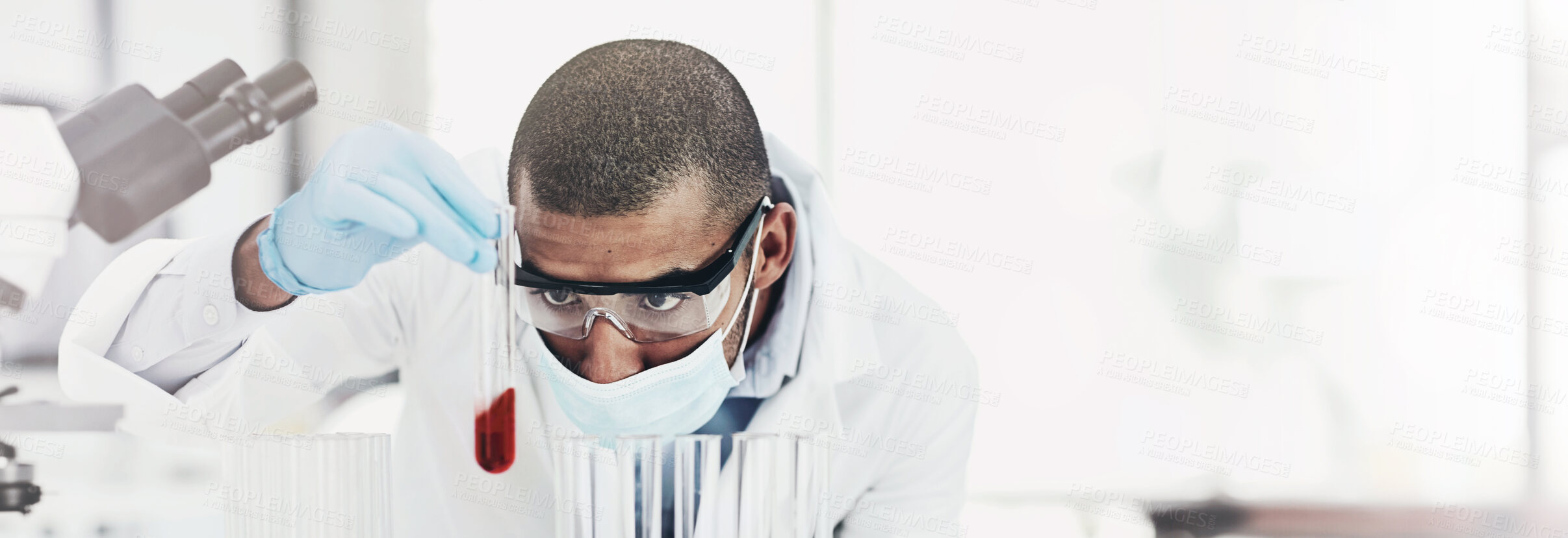 Buy stock photo Man, scientist and blood sample at laboratory with vial, face mask and study for mpox vaccine trial. Person, liquid and container with thinking, ppe and safety with chemical for medical research