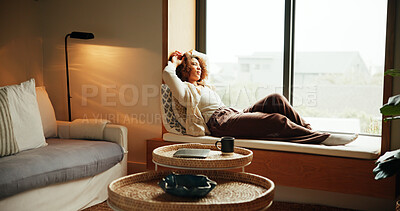 Buy stock photo Woman, thinking and relax by window in home, living room and start day with inspiration in morning. Girl, lounge and wellness with idea, break and reflection for memory, nostalgia or insight in house