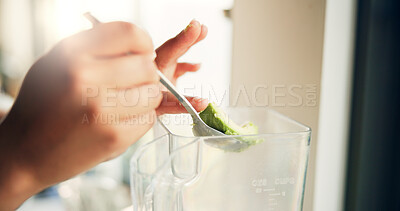 Buy stock photo Hands, person and avocado with blender in kitchen of organic ingredients, prepare smoothie and nutrition drink. Green, vegetables and machine for healthy beverage, diet breakfast and protein at house