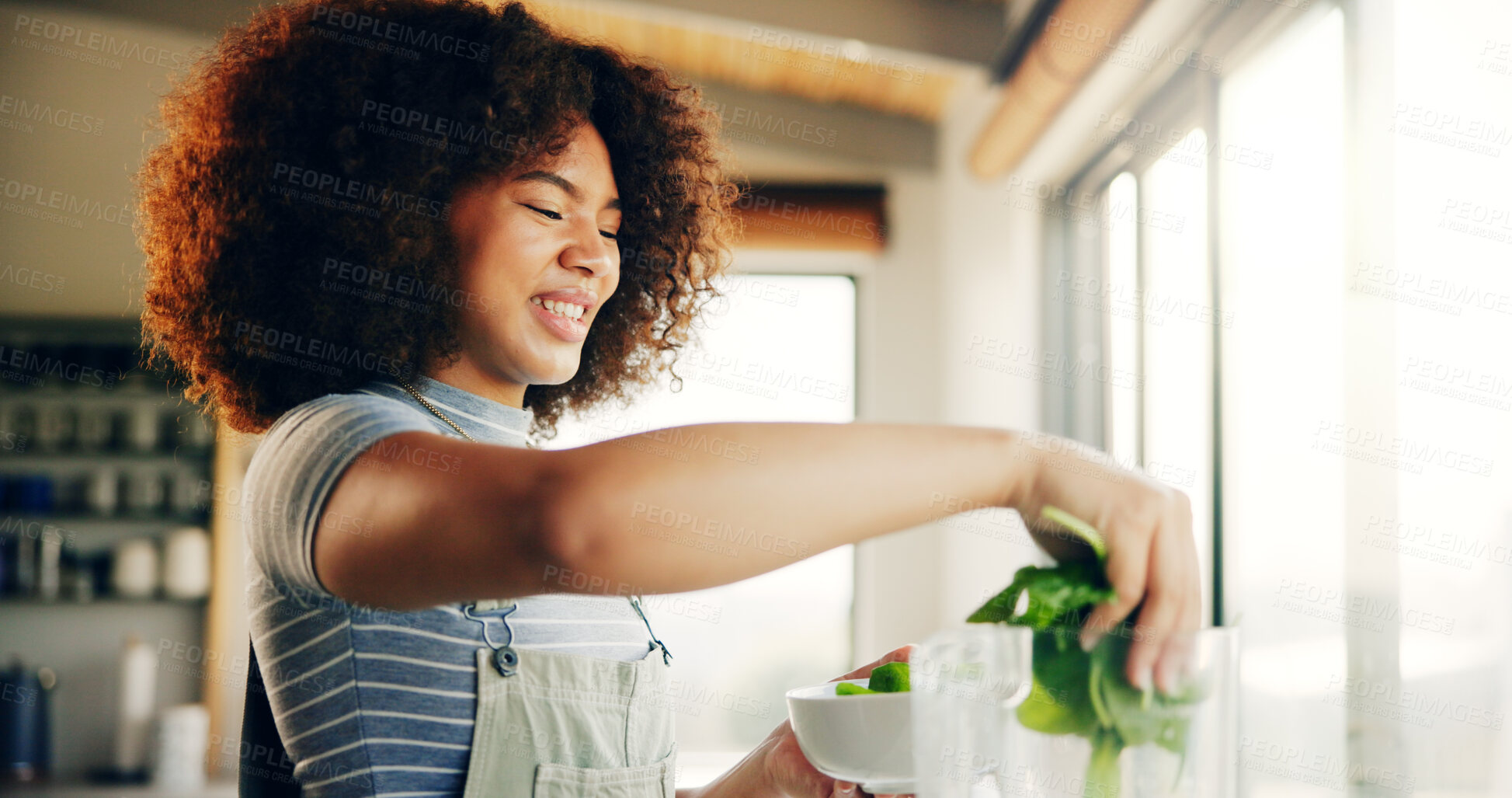 Buy stock photo Smile, vegetables and spinach with blender in kitchen with organic ingredients, prepare smoothie and nutrition drink. Girl, salad and machine for healthy beverage, diet breakfast and protein at house