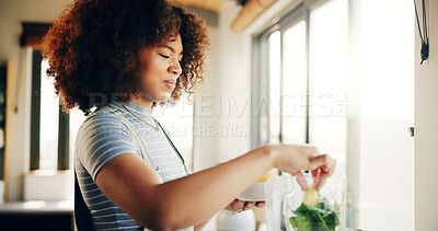 Buy stock photo Woman, vegetables and spinach with blender in kitchen with organic ingredients, prepare smoothie and nutrition drink. Girl, salad and machine for healthy beverage, diet breakfast and protein at house