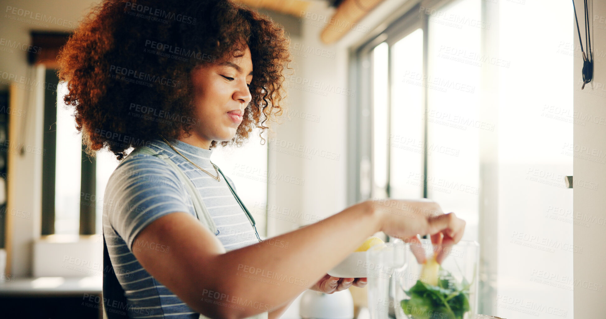 Buy stock photo Woman, vegetables and spinach with blender in kitchen with organic ingredients, prepare smoothie and nutrition drink. Girl, salad and machine for healthy beverage, diet breakfast and protein at house