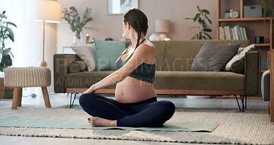 Buy stock photo Calm, stretching and woman with pregnancy on yoga mat at home with health and wellness. Morning, living room and maternal balance in pose for pregnant mama and body care for muscles to relax on floor