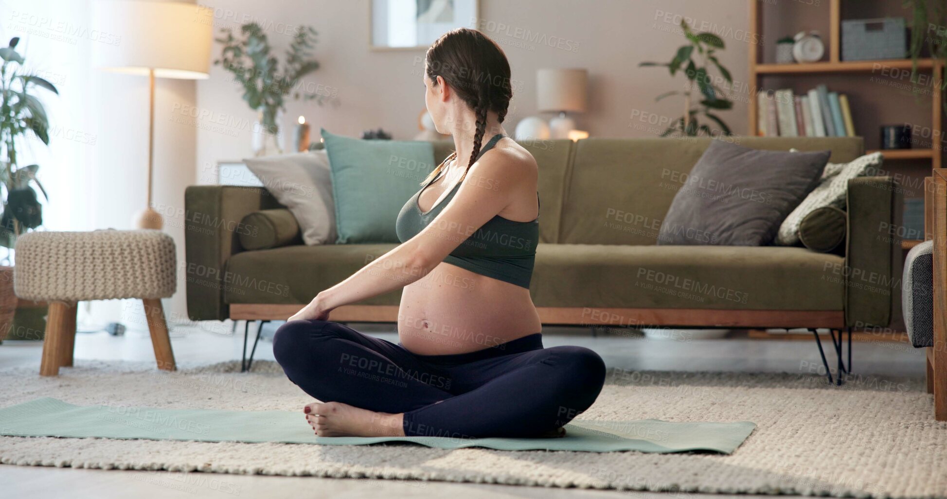 Buy stock photo Calm, stretching and woman with pregnancy on yoga mat at home with health and wellness. Morning, living room and maternal balance in pose for pregnant mama and body care for muscles to relax on floor