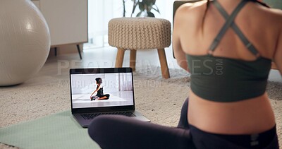 Buy stock photo Woman, back and yoga mat on floor by laptop, screen or virtual class for learning, wellness and health in home. Person, computer and tutorial video for pilates, exercise or guide on web at apartment