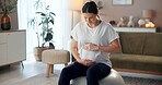 Fitness, pilates and ball with pregnant woman in living room for health, exercise and peace. Yoga, maternity wellness and performance with person in lounge at home for pregnancy, self care and baby