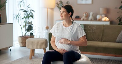 Buy stock photo Pregnant woman, thinking and yoga ball for fitness, floor exercise and balance support or body flexibility at home. Expecting mother, pregnancy and pilates for peace, wellness and muscle relax
