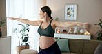 Pregnant woman, yoga and warrior with stretching in home with thinking, care and wellness in living room. Person, mother and meditation with health, pregnancy and balance in lounge at apartment