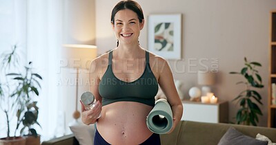 Buy stock photo Pregnant woman, yoga mat and bottle with portrait in home with exercise, smile and wellness in living room. Person, mother and ready with fitness, happy and drink for health at apartment in Spain