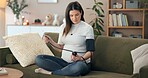 Blood pressure, monitor and check with pregnant woman on sofa for hypertension, medical and health. Pre eclampsia, maternity and pulse with person in living room at home for results, checkup or heart