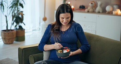 Buy stock photo Home, pregnant woman and salad with fruits for eating, nutrition and wellness for baby development. Sofa, female person and hungry with healthy food for pregnancy, craving and yogurt snack for diet