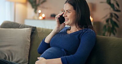 Woman, pregnant and phone call on sofa in home for talking, relax and communication with news. Female person, pregnancy and mobile conversation in lounge for chat, advice and planning baby shower