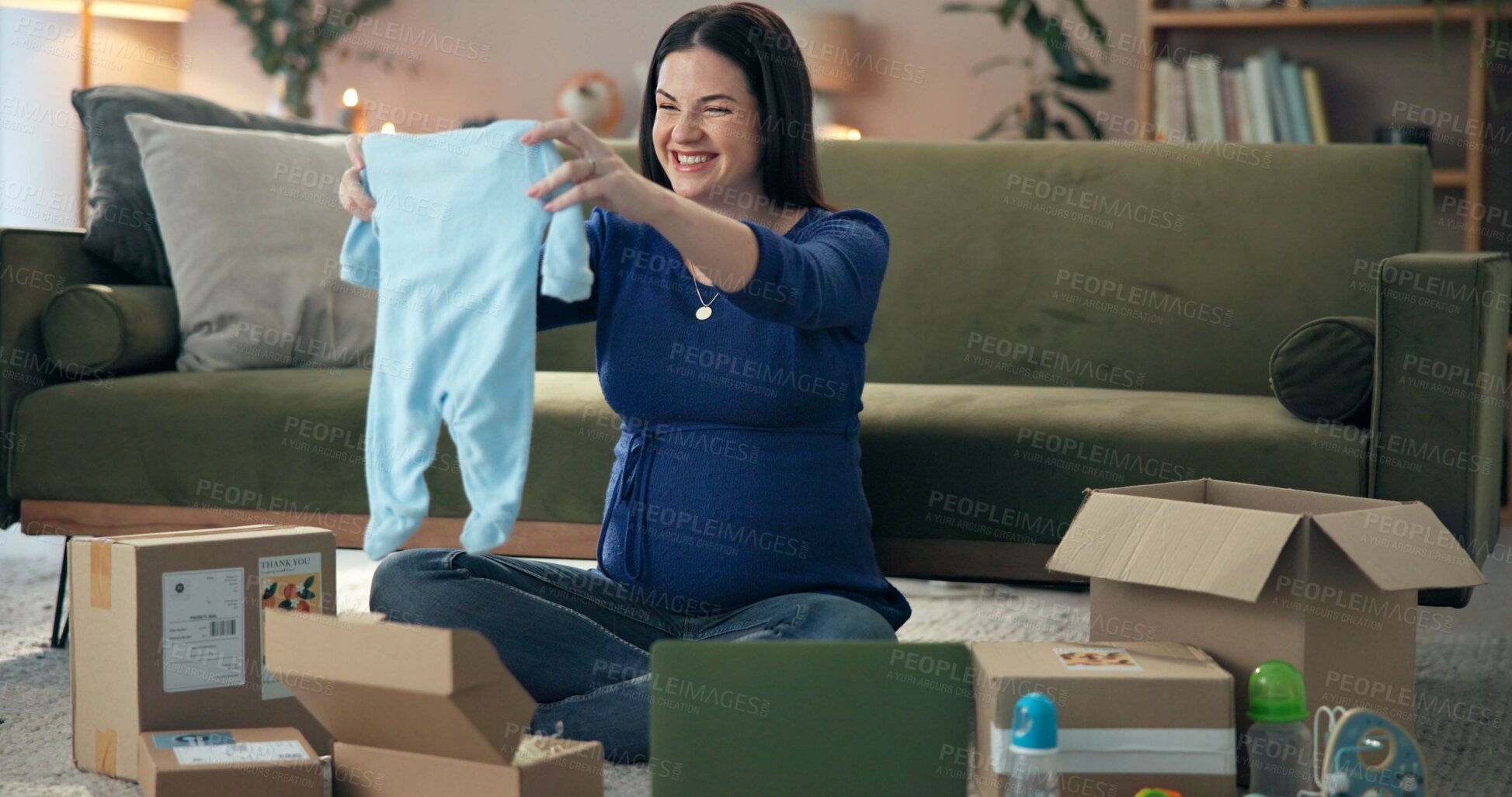 Buy stock photo Pregnant, happy woman and baby clothing with delivery for online shopping, payment or order at home. Excited, female person or pregnancy with smile, maternity or fashion for purchase or ecommerce