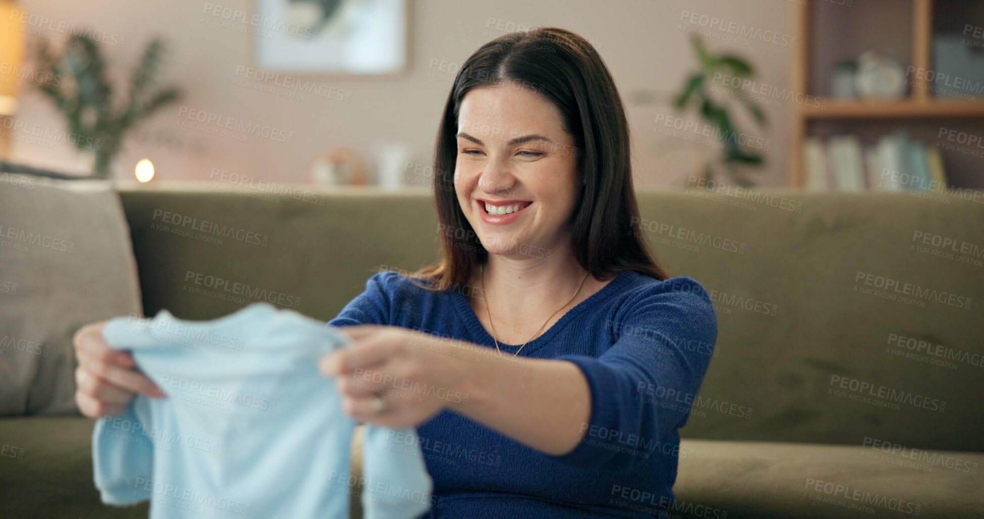 Buy stock photo Pregnant, happy woman and baby clothing with fashion for online shopping, payment or order at home. Excited, female person or pregnancy with smile, maternity or delivery for purchase or ecommerce