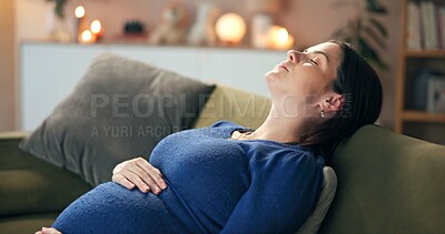 Buy stock photo House, calm and pregnant woman on sofa, stomach and relaxing in living room. Apartment, pregnancy and person on couch, peaceful and resting with break, tummy and belly with wellness and healthy