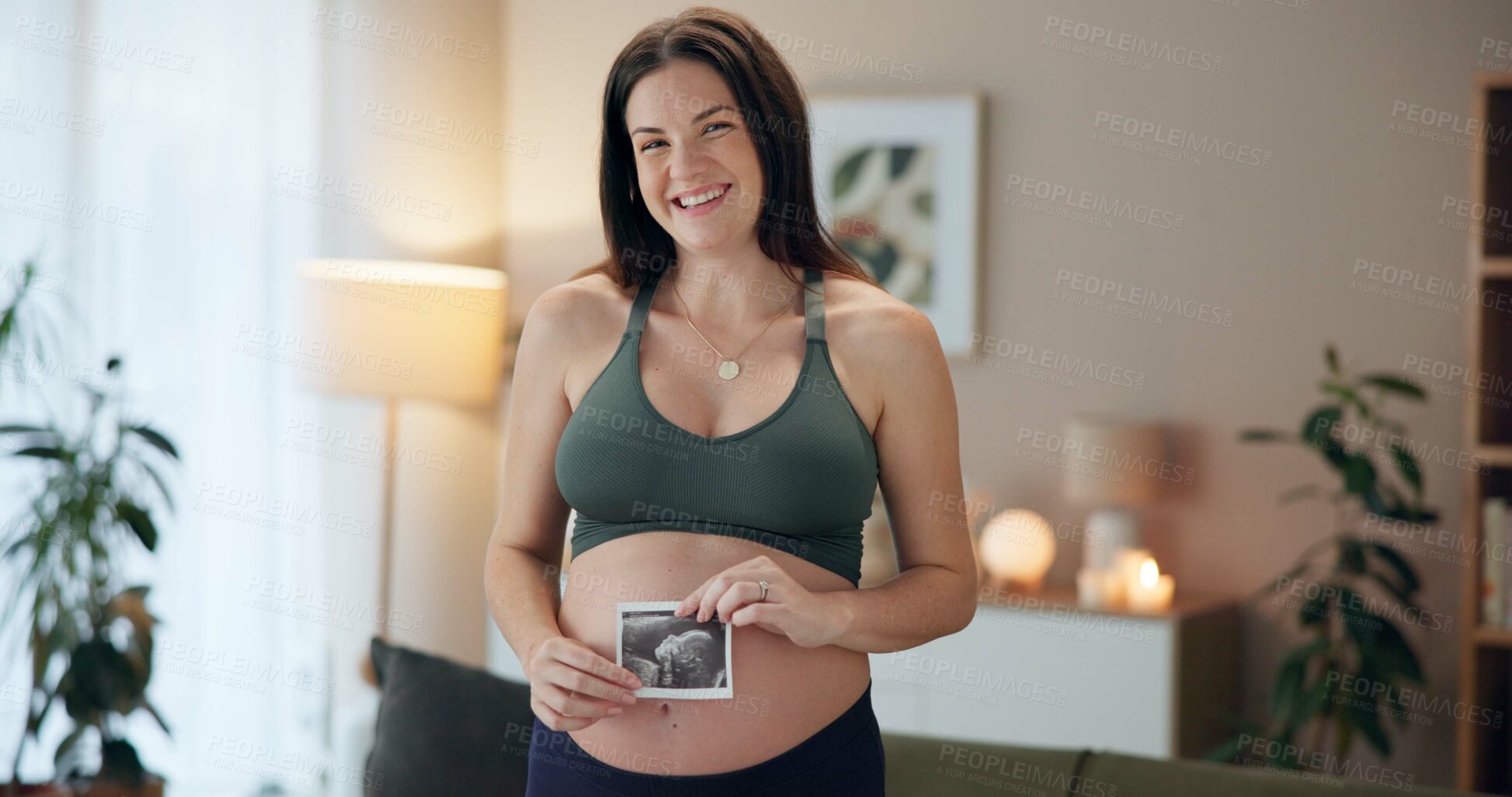 Buy stock photo Pregnant woman, sonogram and portrait in home for baby development, growth or update. Happy, maternity picture and future mother with fetal ultrasound for prenatal health, IVF results and motherhood
