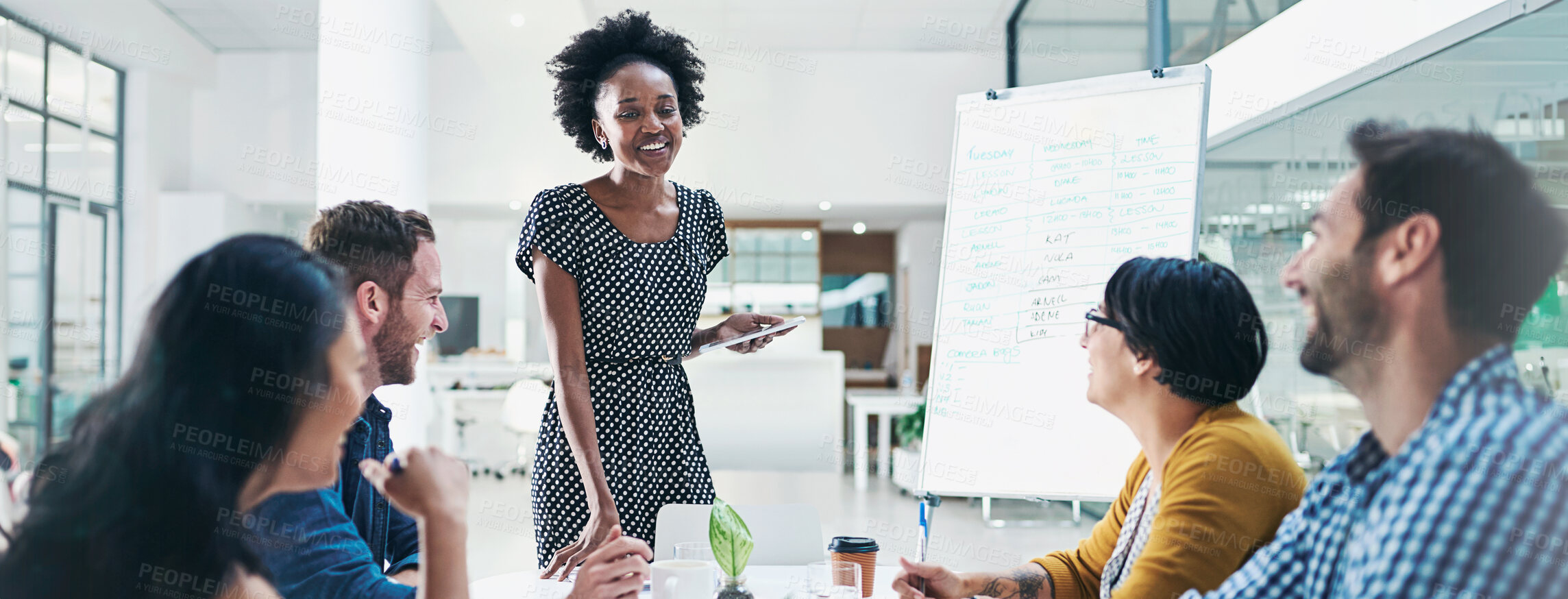 Buy stock photo Meeting, people or whiteboard in banner for business, brainstorming or feedback with tech in office. Woman manager, diversity team or talking in workplace for performance review, timeline or schedule