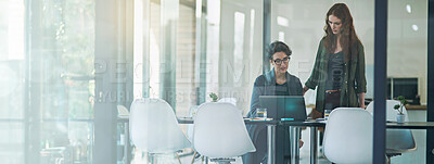 Buy stock photo Boardroom, collaboration and mentor with woman employee in office together for meeting or planning. Conversation, glass and laptop with business people in professional workplace for discussion