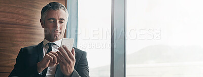 Buy stock photo Business, phone and window with mature man in corporate workplace for communication or networking. App, social media and text message with professional employee in office for mobile post or update