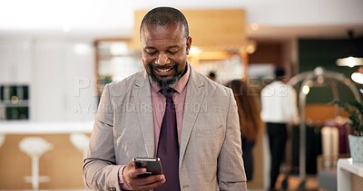 Buy stock photo Black man, phone and hotel for online booking, search and professional for luxury accommodation. Person, hospitality service and website for checkin or reservation, guest review and communication