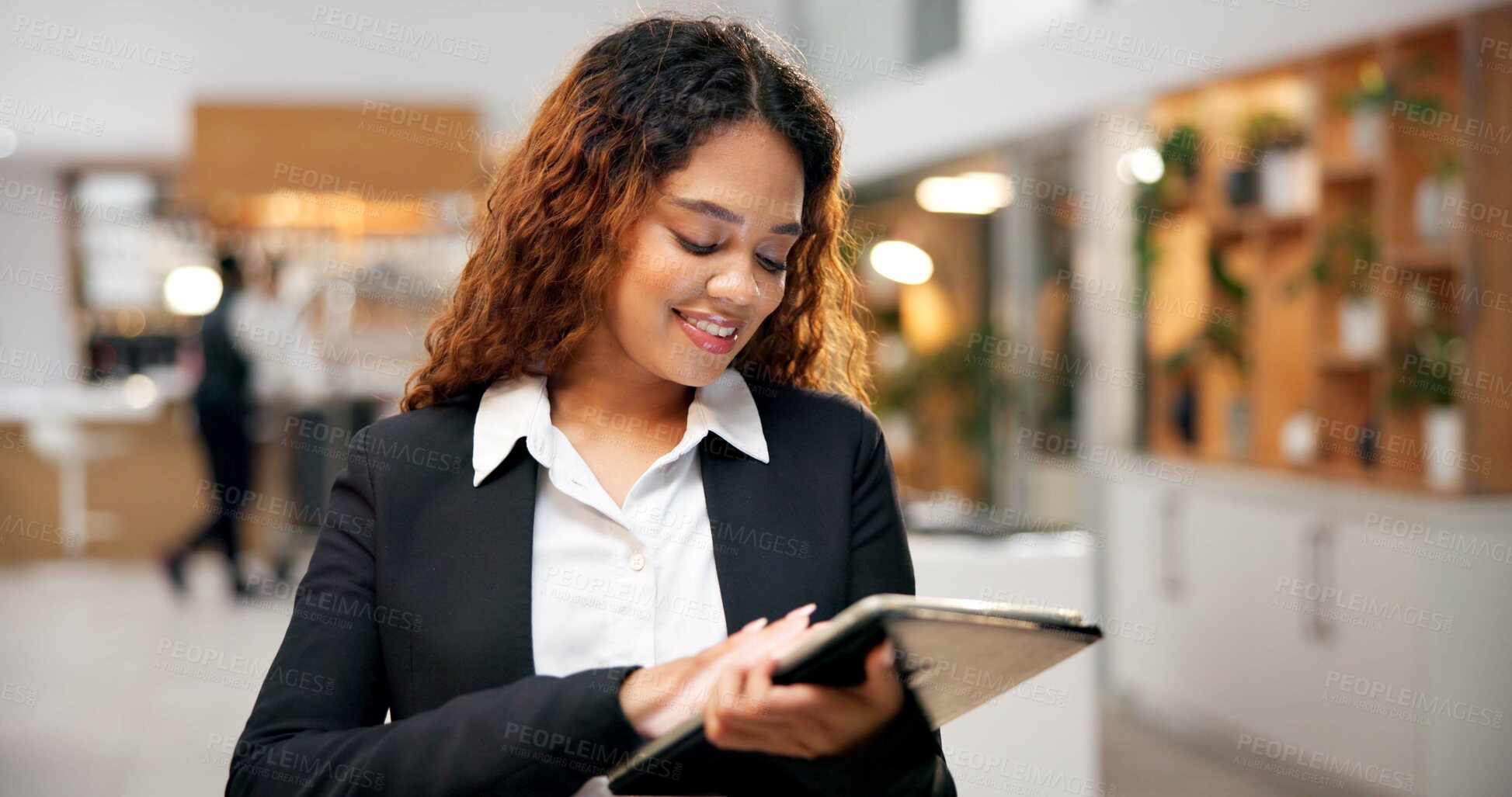 Buy stock photo Woman, tablet and online for booking in hotel, concierge and app for reservation info. Female person, lobby reception and monitor accommodation service or enquiries, communication and email guest