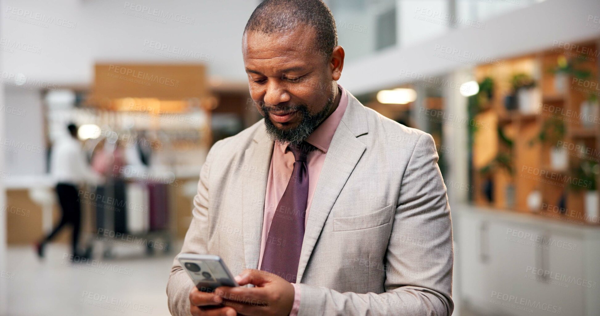 Buy stock photo Black man, phone and hotel for online booking, lobby and professional for luxury accommodation. Person, hospitality service and website for checkin or reservation, guest review and communication