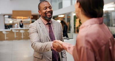 Buy stock photo Handshake, hotel lobby and business people with greeting, welcome and meeting for conference or seminar. Man, woman and hello for b2b, partnership and work trip for hospitality and collaboration