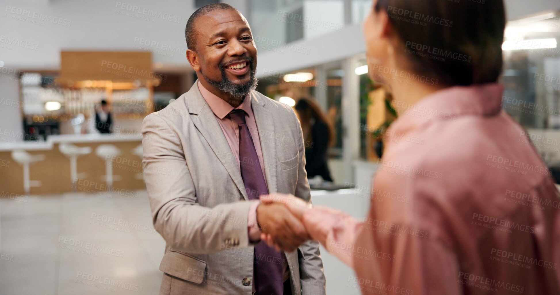 Buy stock photo Handshake, hotel lobby and business people with greeting, welcome and meeting for conference or seminar. Man, woman and hello for b2b, partnership and work trip for hospitality and collaboration