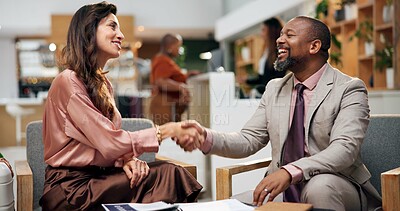 Buy stock photo Handshake, hotel lobby and business woman with agreement, discussion and meeting for conference or seminar. Man, coworker and contract for b2b, partnership and work trip for hospitality and talk