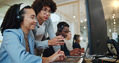 Buy stock photo Business people, call center and training team on computer for help desk, support and customer service. Telemarketing, sales consultant and coaching with mentor for internship, advice or learning crm