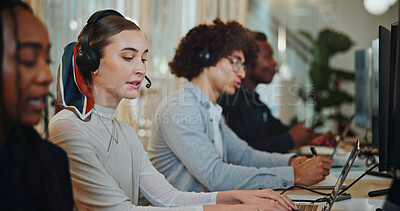 Buy stock photo Consultant, call center and agent with woman in office for customer service, order processing or contact us. Ecommerce help desk, communication and sales with people in crm agency for billing inquiry